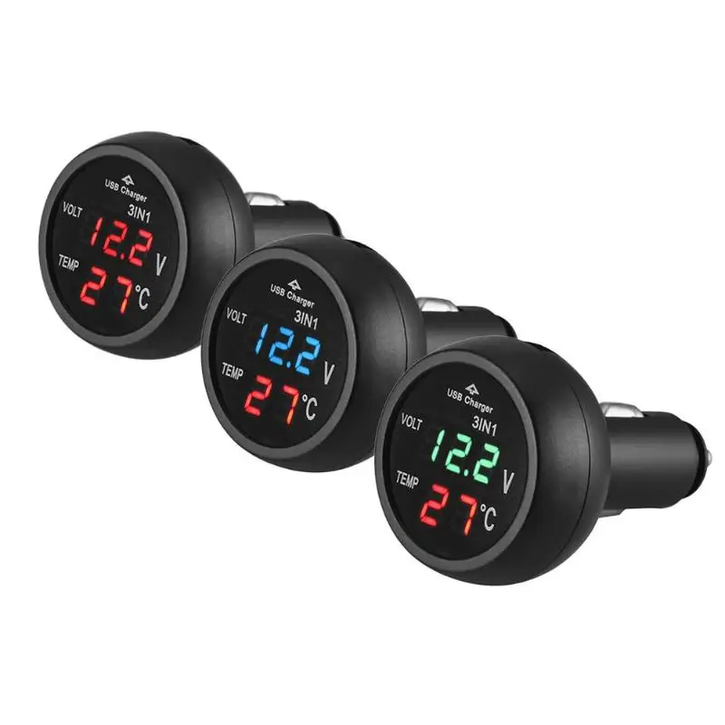 VODOOL 3 в 1 12/24V Авто Светодиодный Цифровой Вольтметр Манометр Термометр монитор Дисплей зарядка через usb Зарядное устройство для телефона, планшета, gps