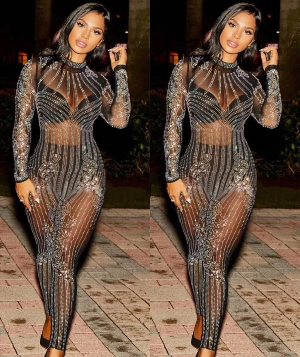 Women's Fashion Rompers Rhinestones Jumpsuit long Sleeves Stretch Sexy Nude Bodysuit Stage Performance Party One-piece outfit