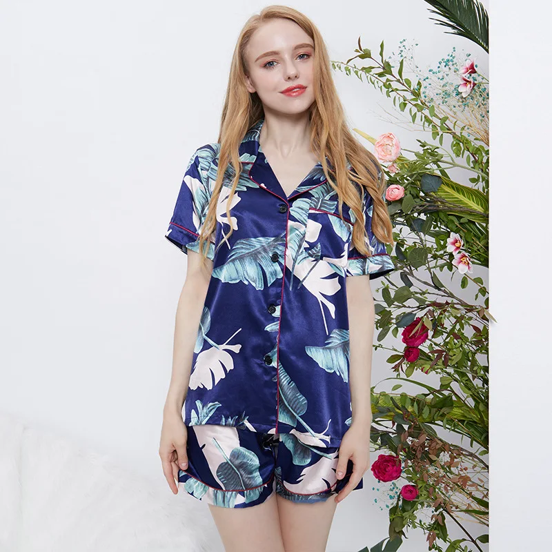 Summer Ice Silk Womens Sleepwear Pajama Set Print Woman Lingeries Sleep Wear Short Sleeve Underwear Home | Женская одежда