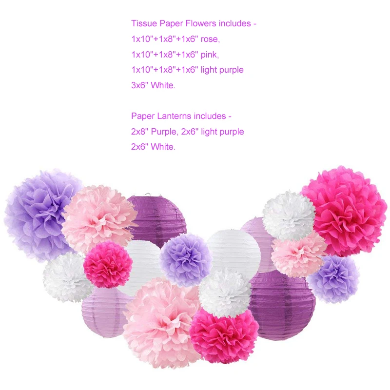 Фиолетовые Висячие DIY бумажные цветы Pom Poms и фонарики набор из 18 шт для детского