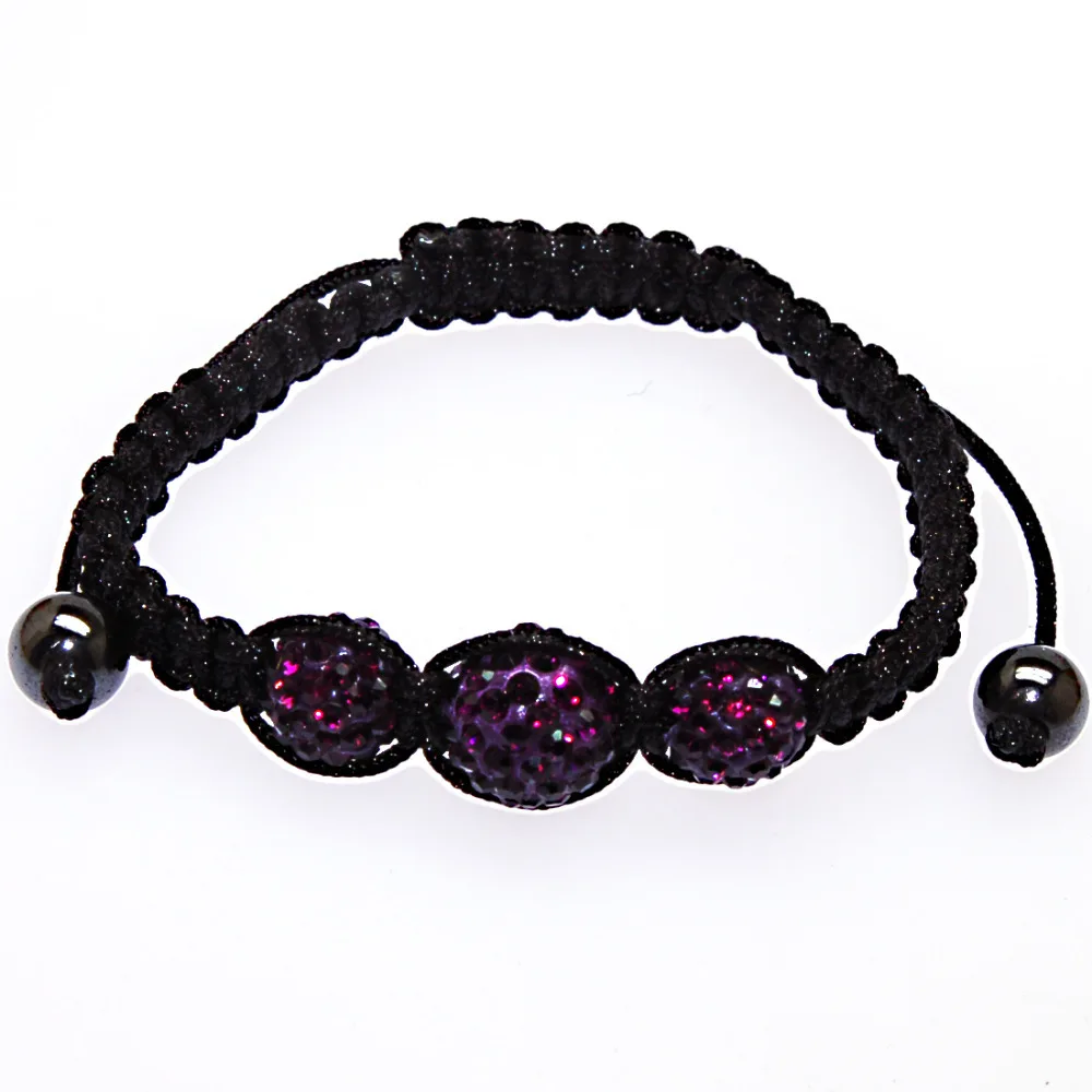 Одноцветный плетеный браслет с 3 шариками инкрустированный кристаллами микро