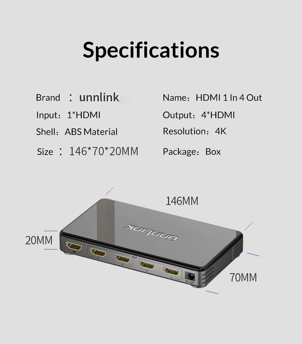 Unnlink HDMI разветвитель 1X4 UHD 4 k@ 30 Гц 3D FHD1080P@ 60 Гц HDMI 1 в 4 выход для Smart Светодиодный tv MI Box Проектор Монитор ps4 компьютер