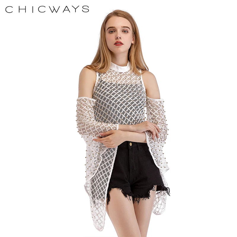 Chicways бисерные сетчатые Топы вырезы на плечах Сексуальная Открытая блуза с