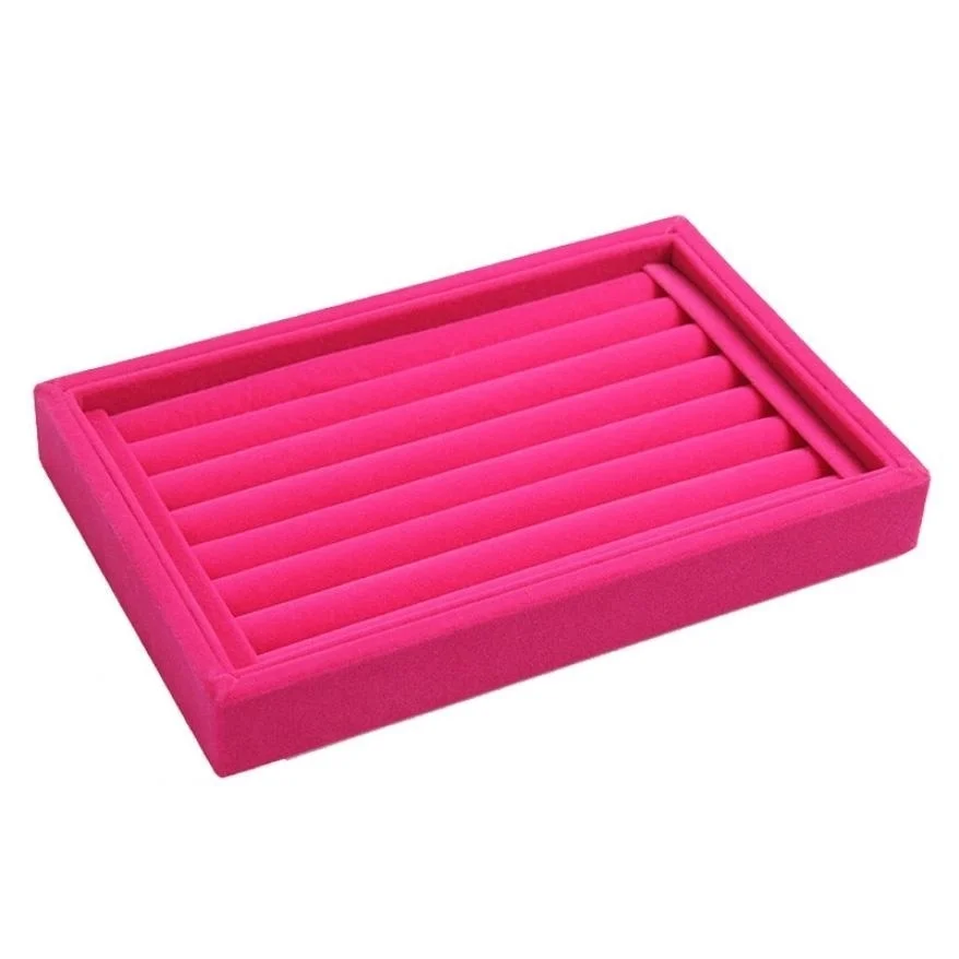 pink 23x14.5x2.7cm Портативный бархат ювелирные изделия кольцо серьги Вставка Запонки Органайзер коробка деревянный плоский Штабелируемый Лоток Держатель Витрина для хранения - Цвет: pink 23x14.5x2.7cm