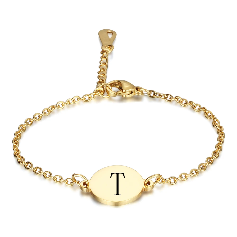 Fashion Letter Engraved Bracelets For Women Gold Color Stainless Steel Chain Link Jewelry Pulseras Mujer Length Adjustable