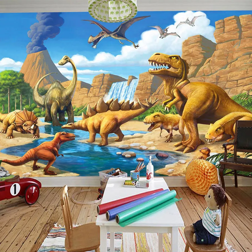 

Custom 3D Photo Wallpaper Wall Covering Cartoon Dinosaur Tyrannosaurus Rex 3D Children Room Bedroom Decoration Mural De Parede