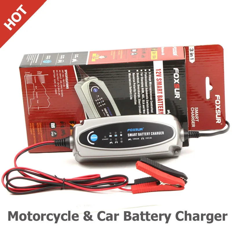 

FOXSUR 12V 3.6A or 12V/0.8A Car & Motorcycle Battery Charger, Lead Acid Battery Charger AC input 100-240V EU US UK AU plug