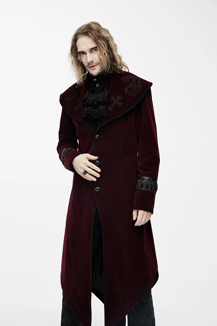 Devil Fashion стимпанк мужские длинные пальто Осень Зима готическая вышивка накидка с узором повседневное Пальто Тренч Черный Красный