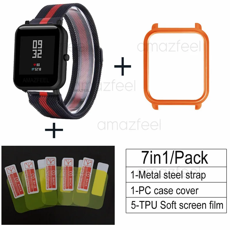 black red-orange 7в1 ремешок для часов Huami Amazfit ремешок Bip из нержавеющей стали магнитный браслет для Amazfit Bip Lite чехол протектор Аксессуары - Цвет: black red-orange