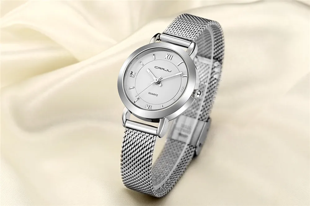 Женские кварцевые часы CRRJU с круглыми циферблатами и тканым сетчатым ремешком