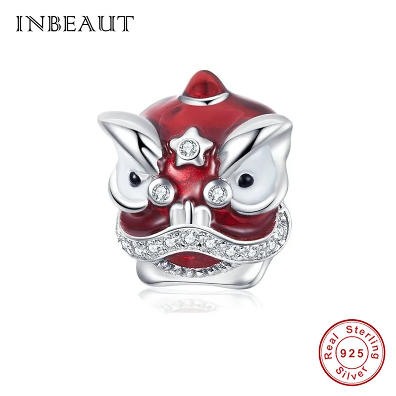 INBEAUT 925 пробы Серебряный Красный Китайский Персонаж Бог Лев Бусы для танца fit Pandora браслет роза Сердце Бабочка Подвески - Цвет: bad086