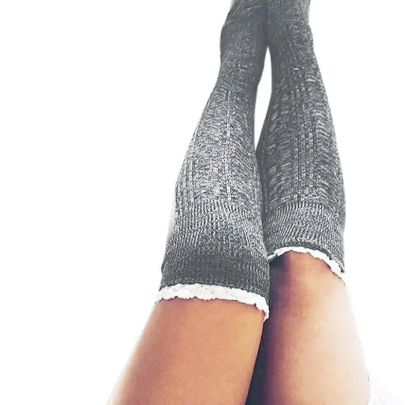 Женские забавные хлопковые длинные кружевные Вязаные гольфы выше колена зимние
