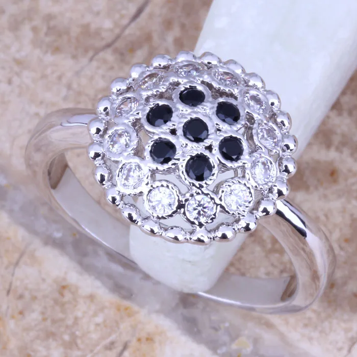 Идеальный черный фианит Белый CZ посеребренное женское кольцо Размер 6/7/8/9 R0993 |