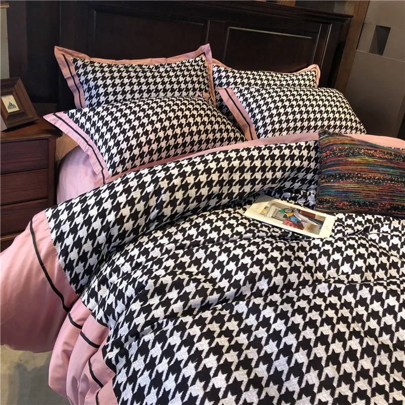 Простые комплекты постельного белья с рисунком «гусиные лапки», 60 S, хлопковый розовый комплект постельного белья принцессы, пододеяльник, постельное белье, 4 шт., постельные принадлежности, постельные принадлежности