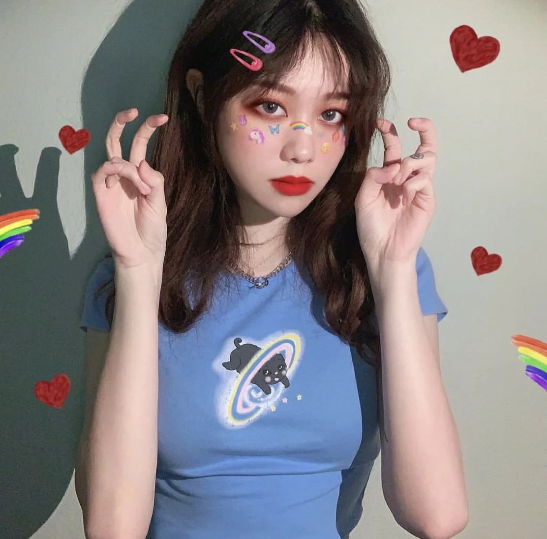 Милые kawaii Мультфильм космический кошмар кошка детские синие укороченные футболки женские короткие укороченные