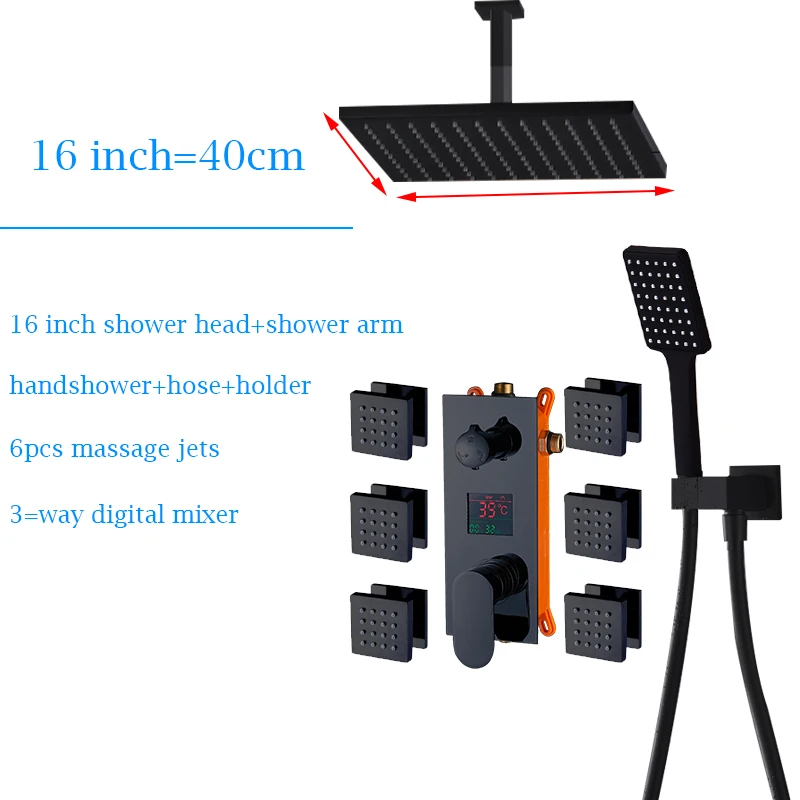 16 inch full set Quyanre черный цифровой смесители для душа набор насадка для душа с эффектом 6 шт. массаж спа струй 3-сторонний выход цифровой Дисплей смесителя Ванная комната душа - Цвет: 16 inch full set