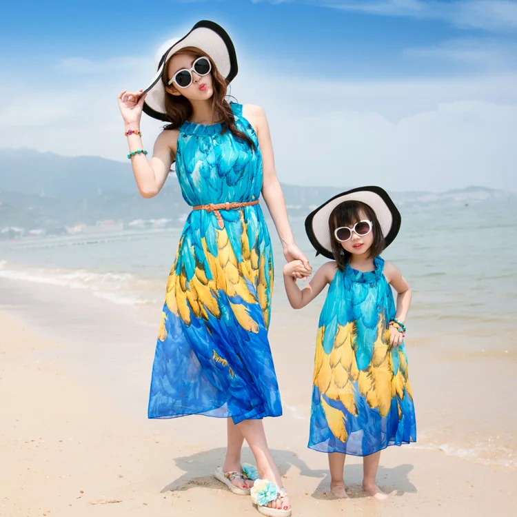 Семейные платья для мамы и дочки одежда богемное пляжное платье Летний стиль