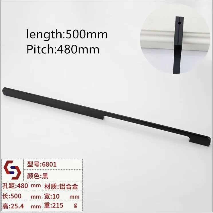 480mm 96 мм-600 мм длинная Современная дверная ручка для шкафа, Минималистичная черная серебристая ручка для ящика шкафа, ручка для шкафа из алюминиевого сплава - Цвет: 480mm