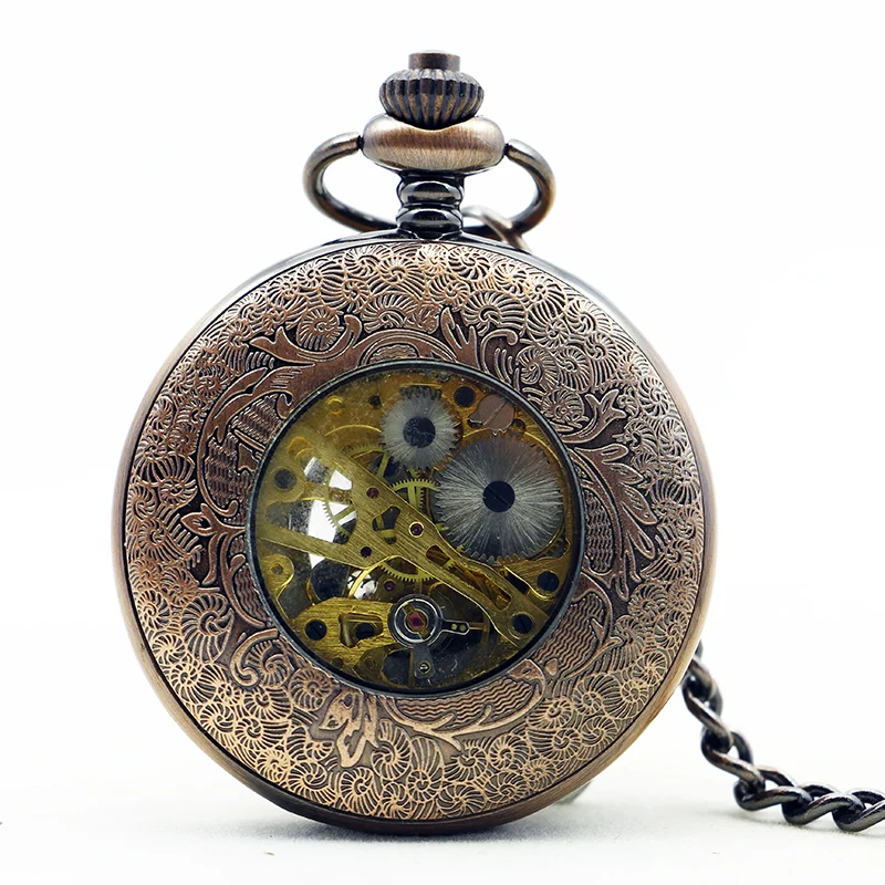 Antique Copper Hollow Digital Handwind Mechanical Pocket Watch Vintage Steampunk Fob Chain Watch for Men and Women Gifts