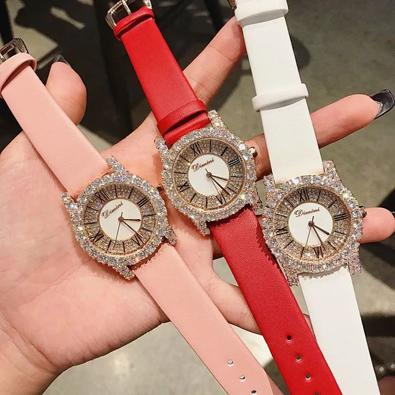 Hot Sale Rose Gold Diamond Lady Watch Woman New Dress Watches New Luxury Leather Strap Women Quartz Watches Clock reloj mujer