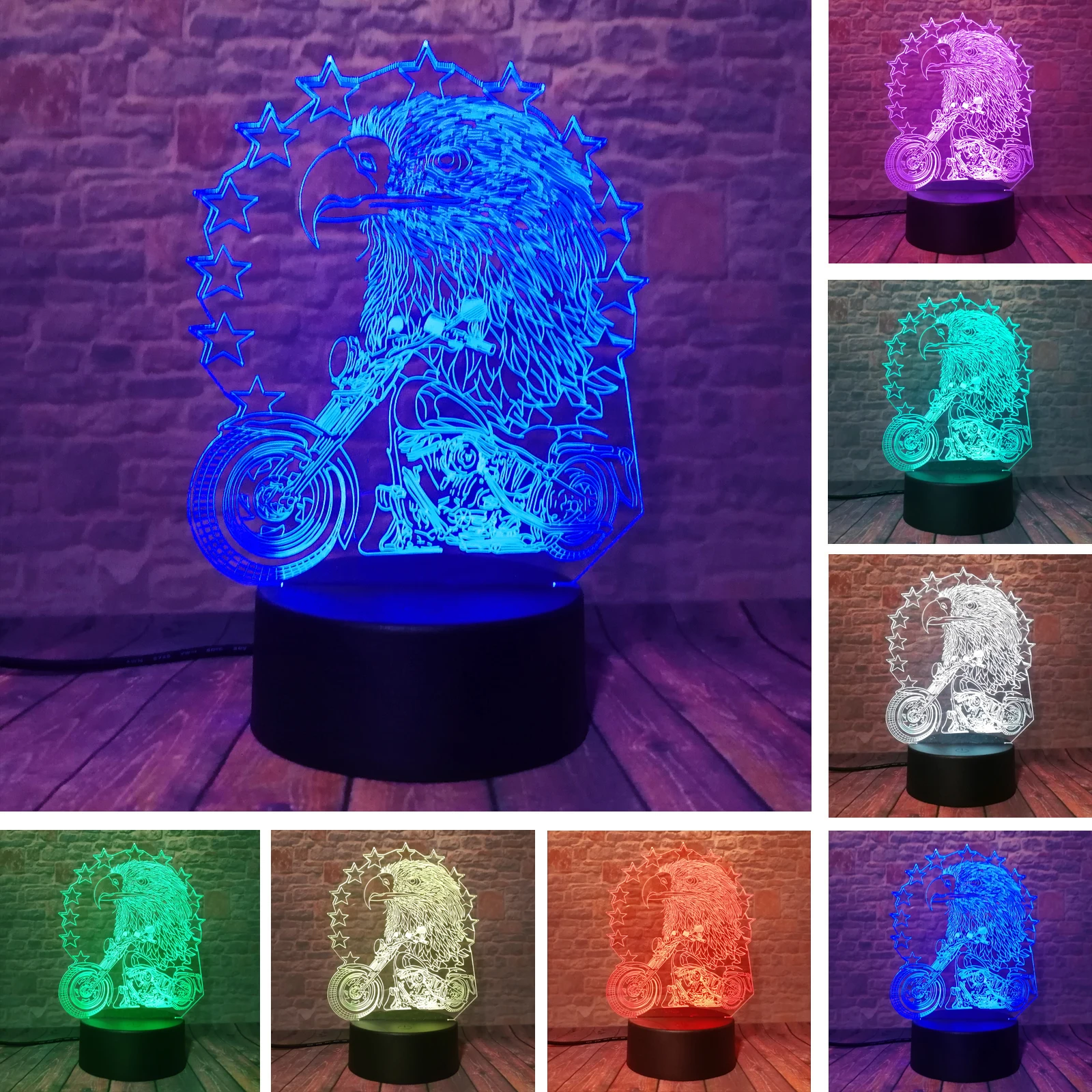 Новый Орел и Мотоцикл 3D LED ночник USB 7 цветов Изменение украшения Бытовая лампа для