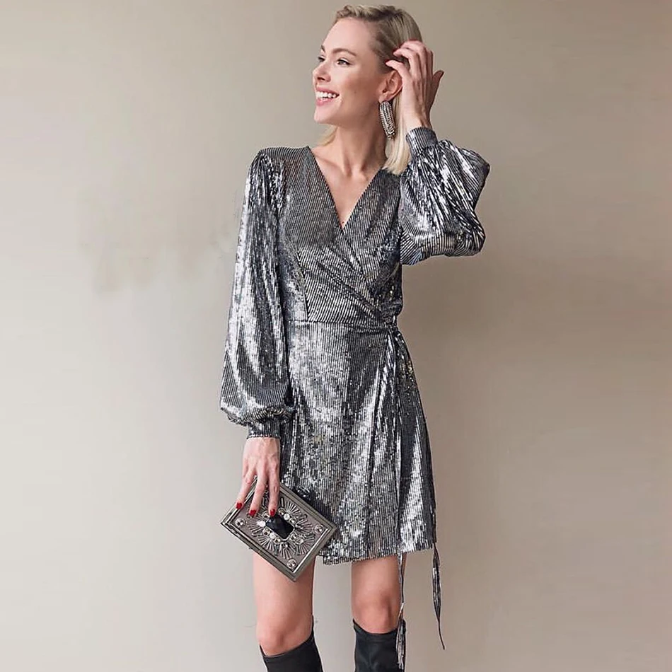 Женское платье с блестками облегающее мини-платье длинным рукавом и поясом лето