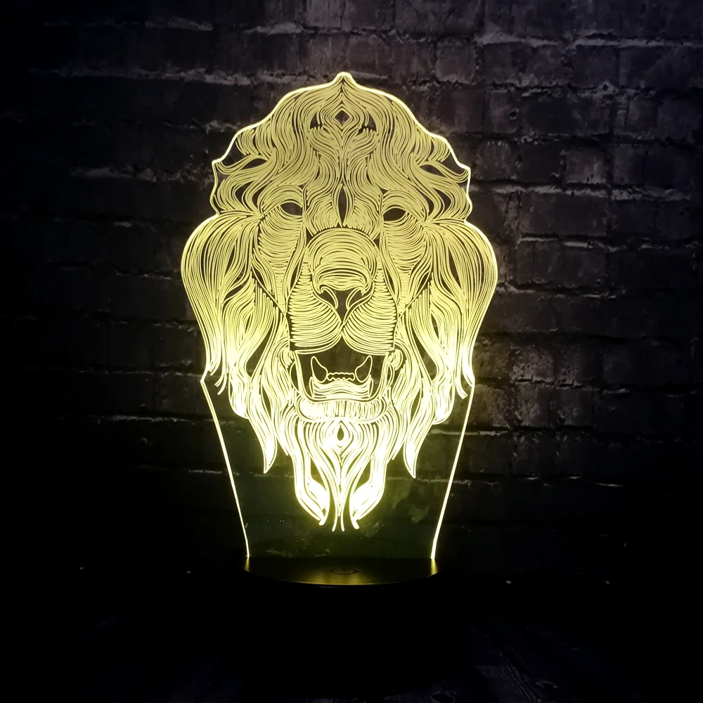 Животное 3D голова льва Иллюзия светодиодный на батарейках 7 цветов Изменение USB
