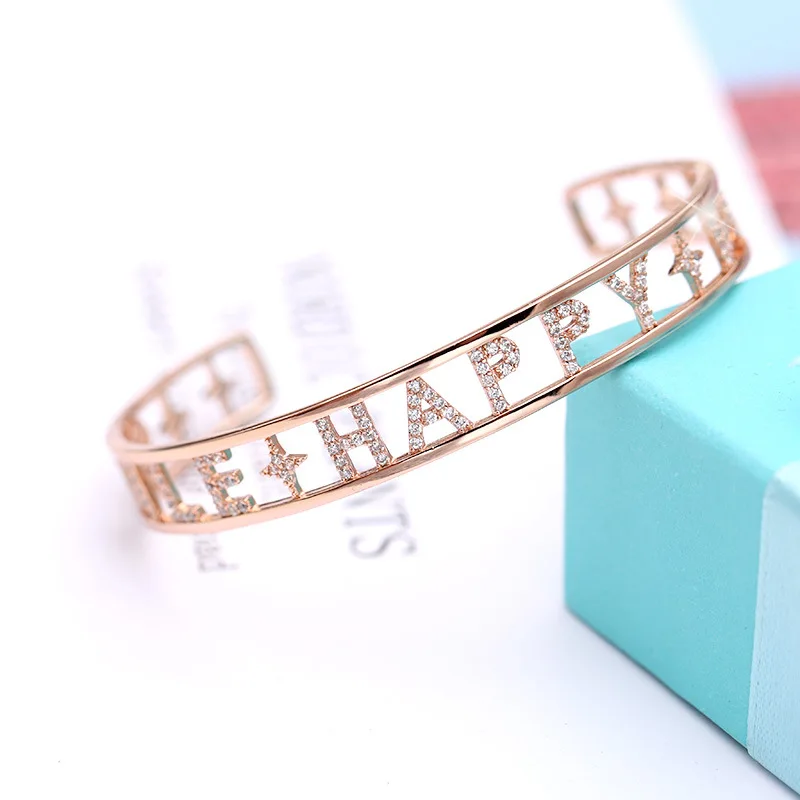 rose gold Розовые золотые, серебряные, полые буквы с кристаллами браслеты на счастье круг медный браслет женские браслеты ювелирные изделия Прямая поставка - Окраска металла: rose gold