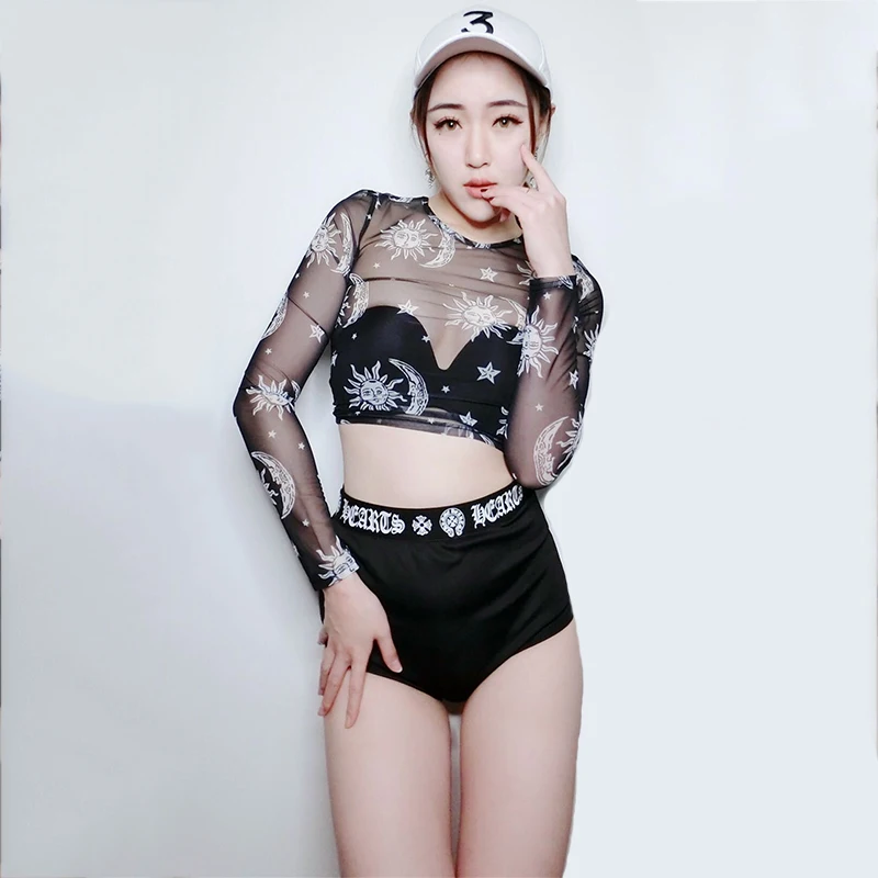 Женский сексуальный топ для джазовых танцев черный прозрачный костюм диджея