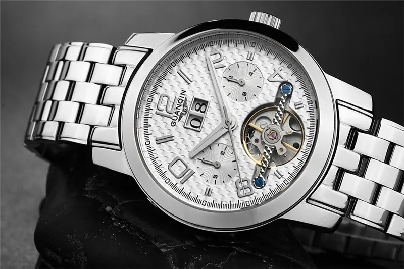 Автоматические часы GUANQIN Tourbillon, мужские светящиеся часы с календарем, полностью стальные механические наручные часы Mnale