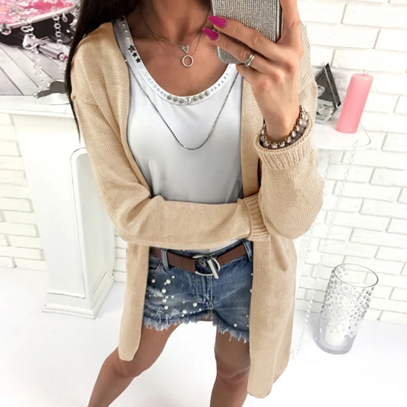 Женский вязаный свитер с длинным рукавом однотонный Свободный Повседневный