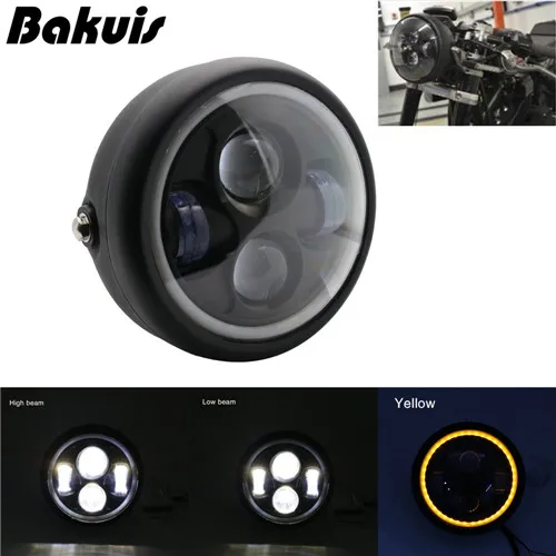 yellow halo Black 6,5 дюймов мотоциклетный гриль головной светильник с Bracktes мотоцикл ретро-фары мотор мото скутер винтажный передний светильник круглая лампа - Цвет: yellow halo Black