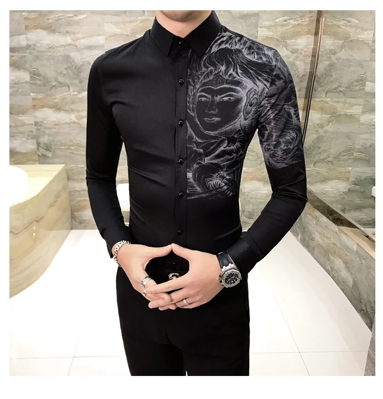 Платье рубашка Корейская одежда мужская рубашка camisa social Повседневная приталенная мужская с принтом вечерние рубашки для клуба Camisa Masculina