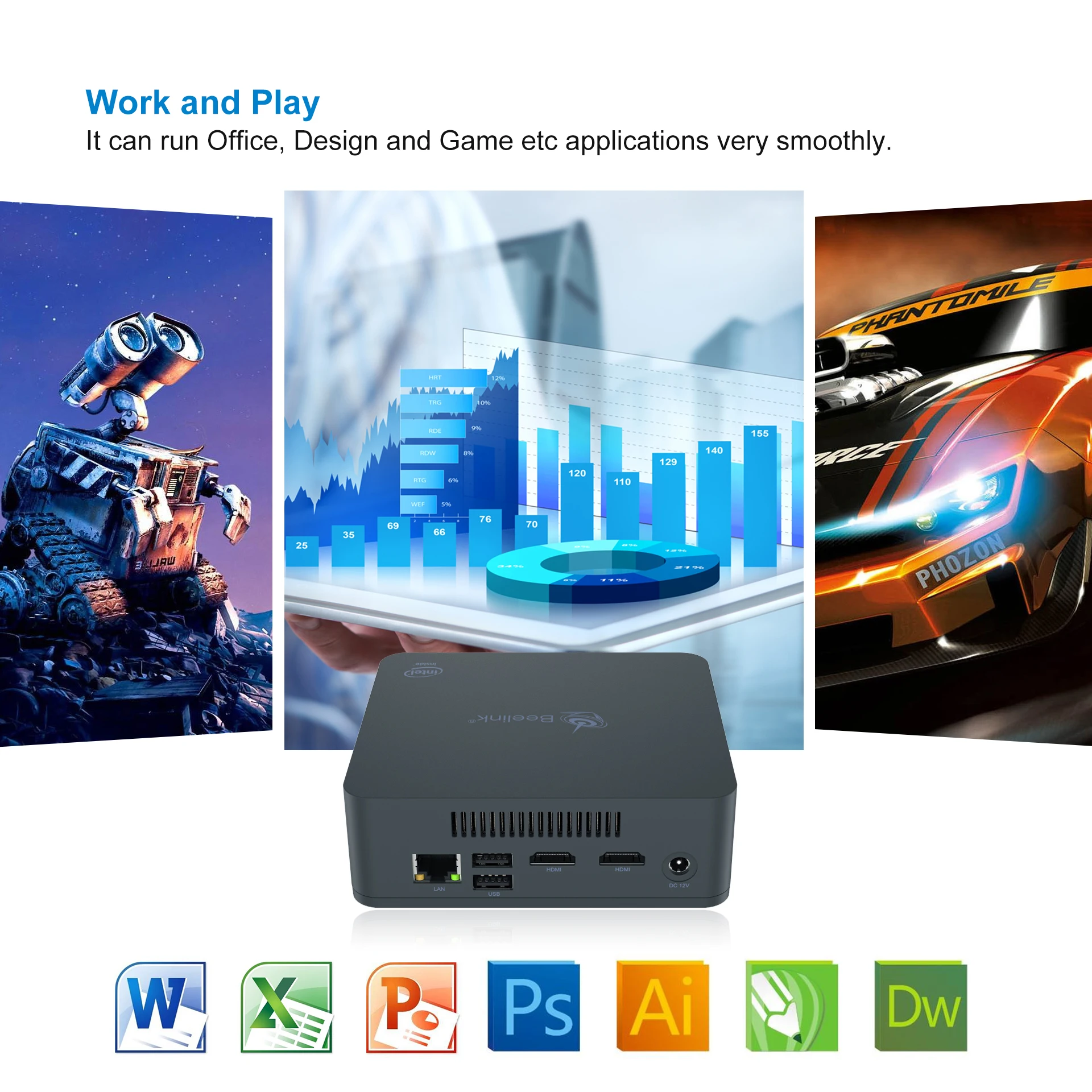 Beelink U55 I3 5005U 512 ГБ Мини ПК двухдиапазонный, Wi-Fi, 2* вывода изображения высокого разрешения через Windows10 pro 64Bit карманный мини set top TV Box