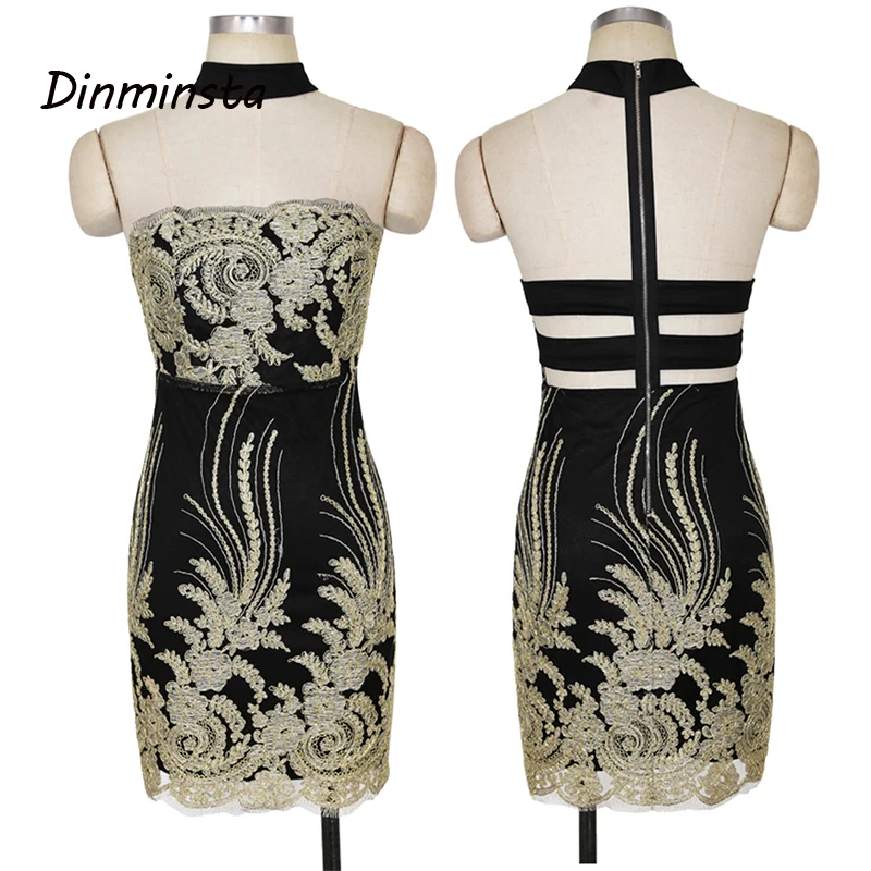 Dinminsta Women Summer Bandage Party Dress Luxury Gold Floral Sequin Mini Strapless Backless Halter Sexy Hollow Club | Женская одежда