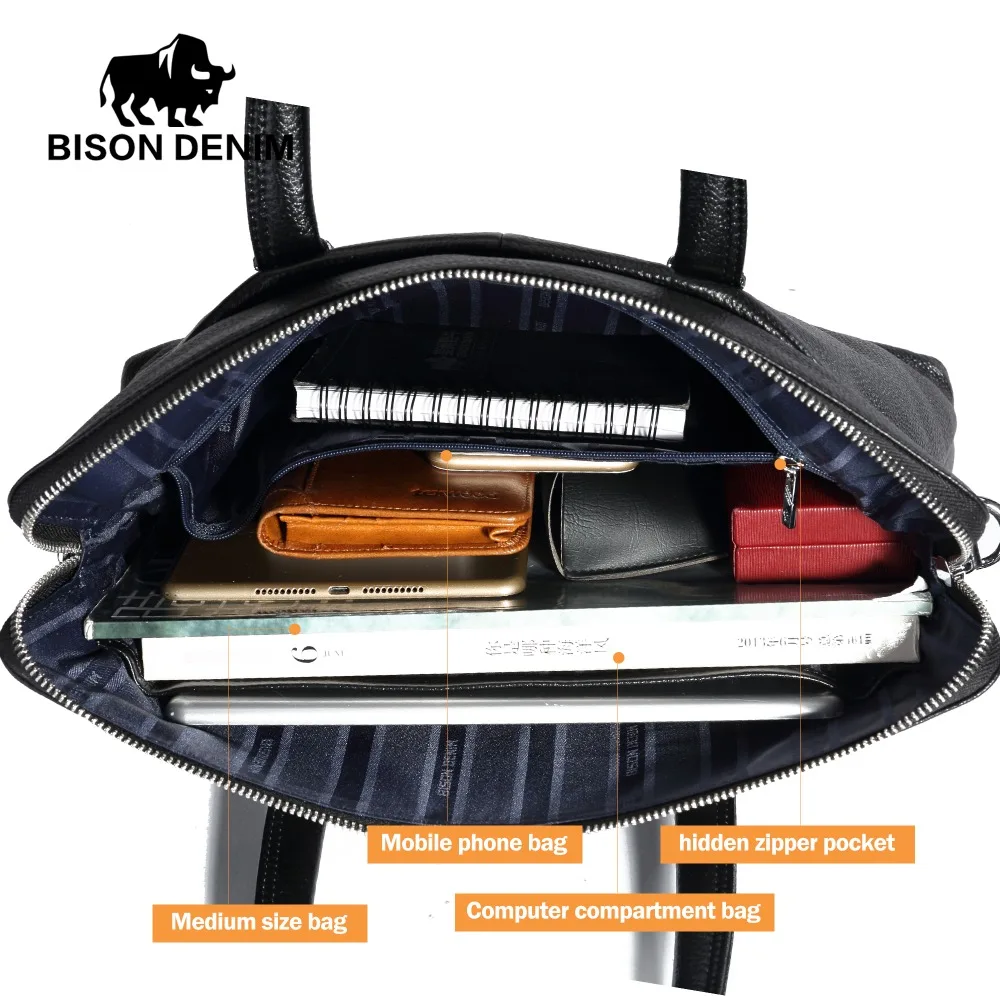 BISON DENIM Натуральная кожа Мужская сумка на плечо деловая 14 &quotСумка для ноутбука