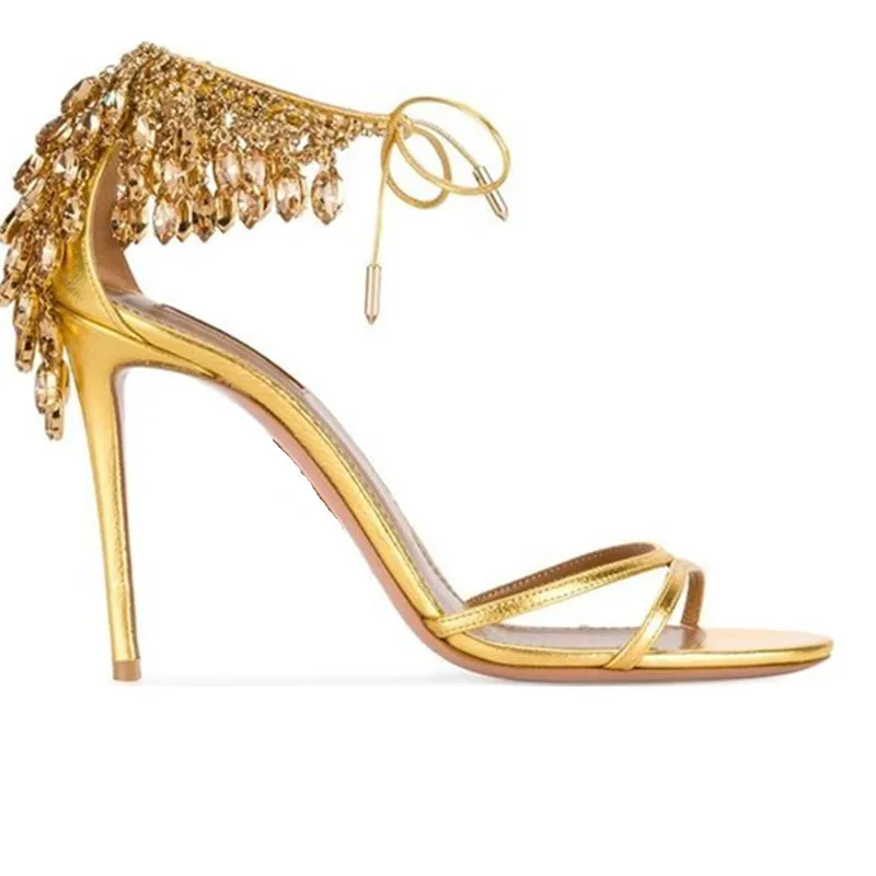 Женские кожаные сандалии на шпильках с открытым носком и стразами кисточками