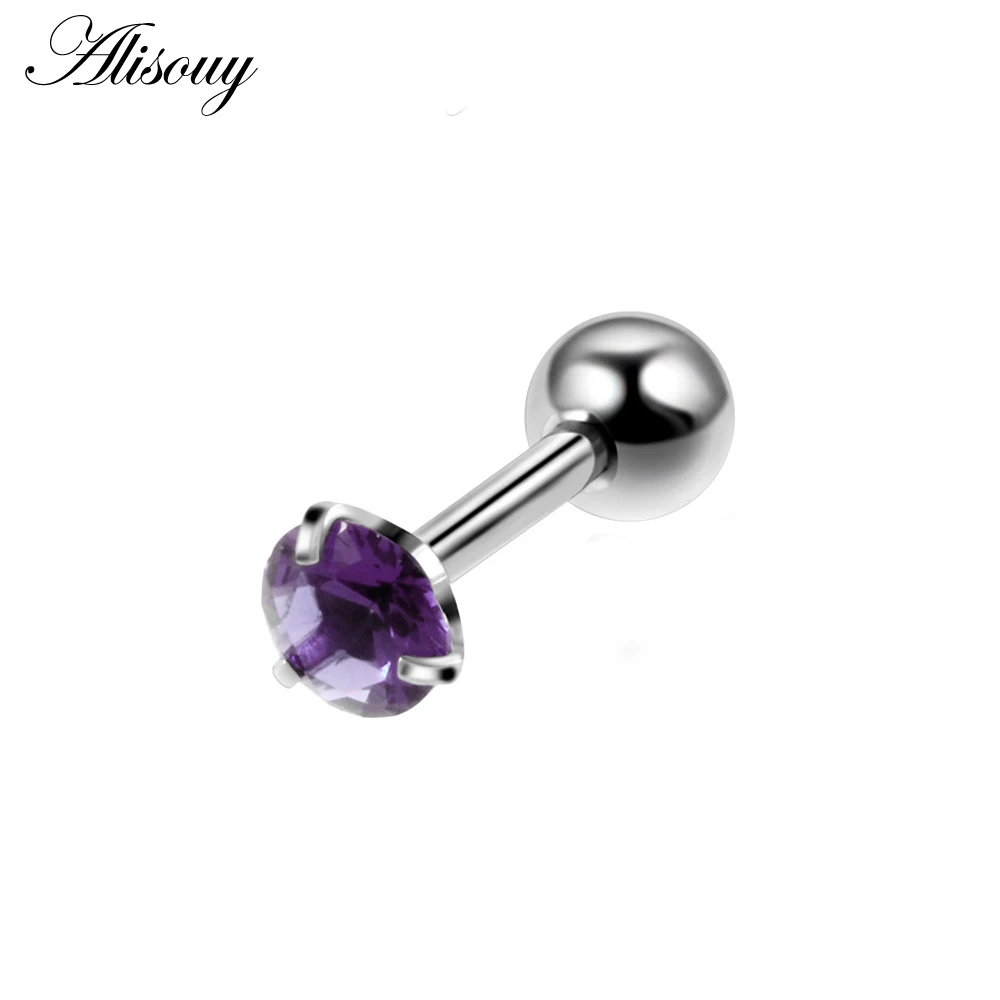 Silver Purple CZ-3 Alisouy 2 шт. 4 мм Круглый Кристалл Циркон трагус пирсинг для хрящевой части уха серьги 316L хирургическая сталь ювелирные изделия для тела Спираль пирсинг - Окраска металла: Silver Purple CZ-3