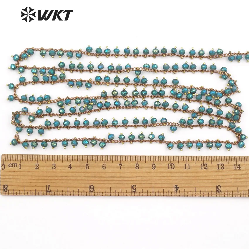 

WT-RBC066 WKT Shining green color rosary chain 3*4mm faceted beads with brass wire wrapped women necklace jewelry