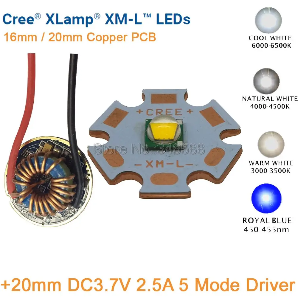 

CREE XML XM-L T6 10W Cool White Neutral White Warm White High Power LED Emitter 20mm Copper PCB +20mm 12V Input 5 Modes Driver