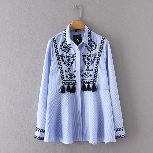 AZ8668 blue Модные женские рубашки с геометрической вышивкой и кисточками в синюю полоску, повседневные блузы с длинным рукавом, свободные топы, сорочка, femme blusas - Цвет: AZ8668 blue