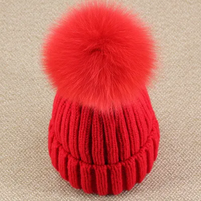 red Которая в душе из натурального Лисьего меха, помпоны, зимние шапочки, шапка, сохраняющая тепло, для женщин и девушек, шерстяная шапка, меховой помпон, женская шапка - Цвет: red