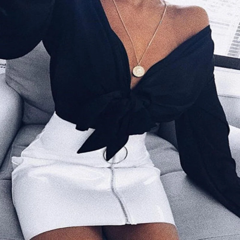 New Fashion Backless T-Shirt Women Bandage Solid Long Sleeve Loose Sexy Ladies V-Neck Clothes Tops | Женская одежда