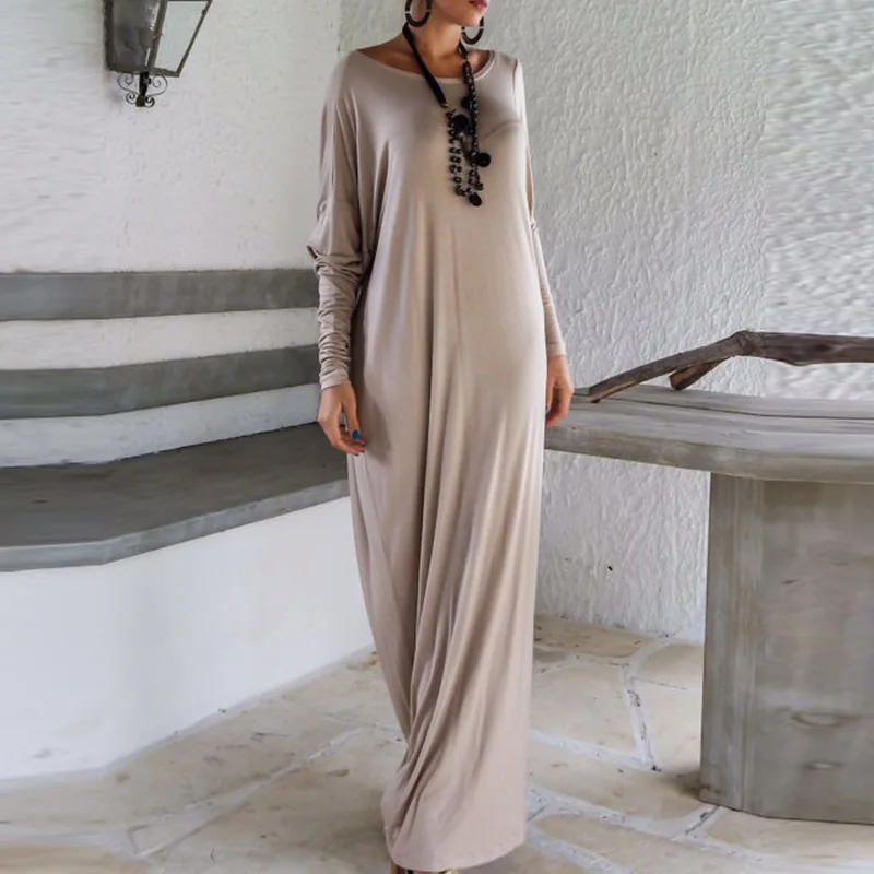 Новое популярное женское повседневное длинное платье однотонное свободное