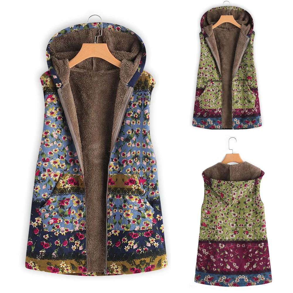 Ladies Coat Warm Winter Cardigans Zipper Plush Colorful Printed Hooded Sleeveless Vest Comfortable Tops | Женская одежда