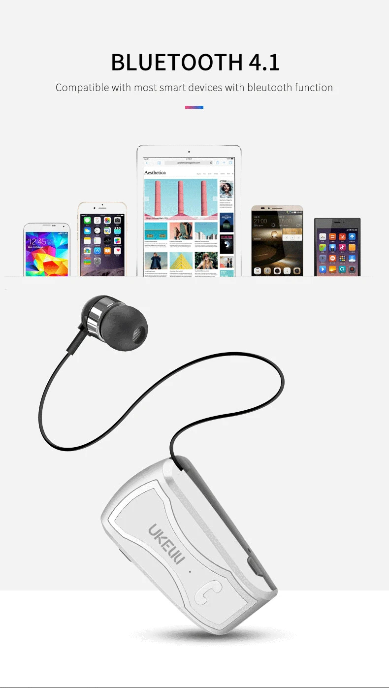 

2018 New FineBlue UK880 Retractable Wireless Bluetooth Earphones Handsfree Headset Stereo Headphone Clip Mic Phone Call Portable