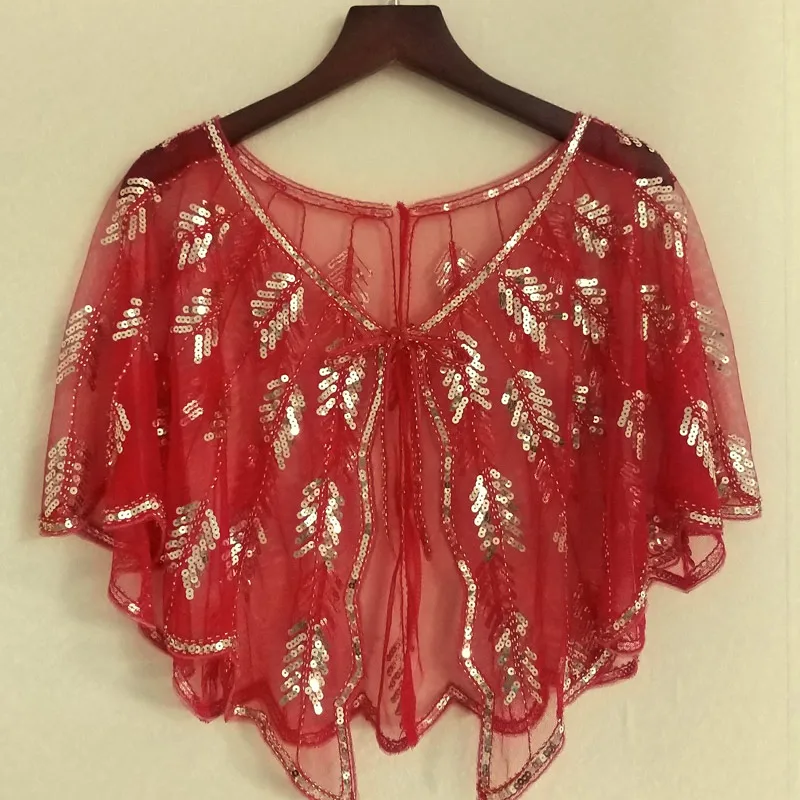 Red Gold Shawl Винтажная Женская шаль 1920s с пайетками, расшитая бисером, болеро, накидка, вечерняя накидка, арт-деко, вечернее болеро, накидка, черный/белый/красный/серебристый - Цвет: Red Gold Shawl