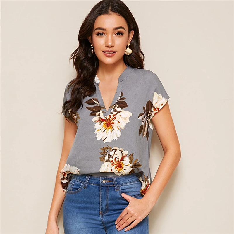 SHEIN модная женская блузка с v-образным вырезом и цветочным принтом, женская летняя Повседневная Блузка в стиле бохо с асимметричным подолом, Женские топы и блузки