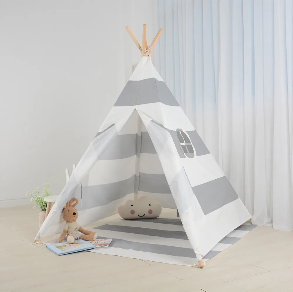 Серая Игровая палатка в полоску для маленьких детей домик Tipi холст вигвам игра
