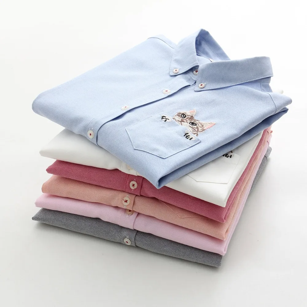 2017 New High Quality Spring Autumn Women Blouse Cats Embroidery Long Sleeve Work Shirts office Tops White Blouses |